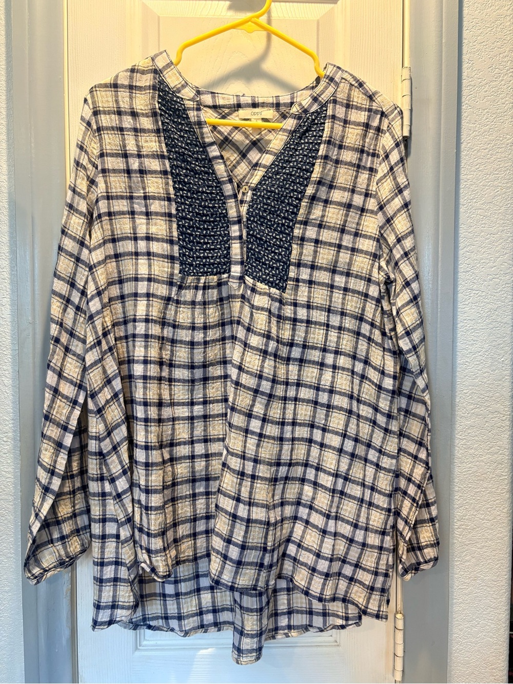 ODDY Navy and White Plaid Tunic with Crochet Front Yoke